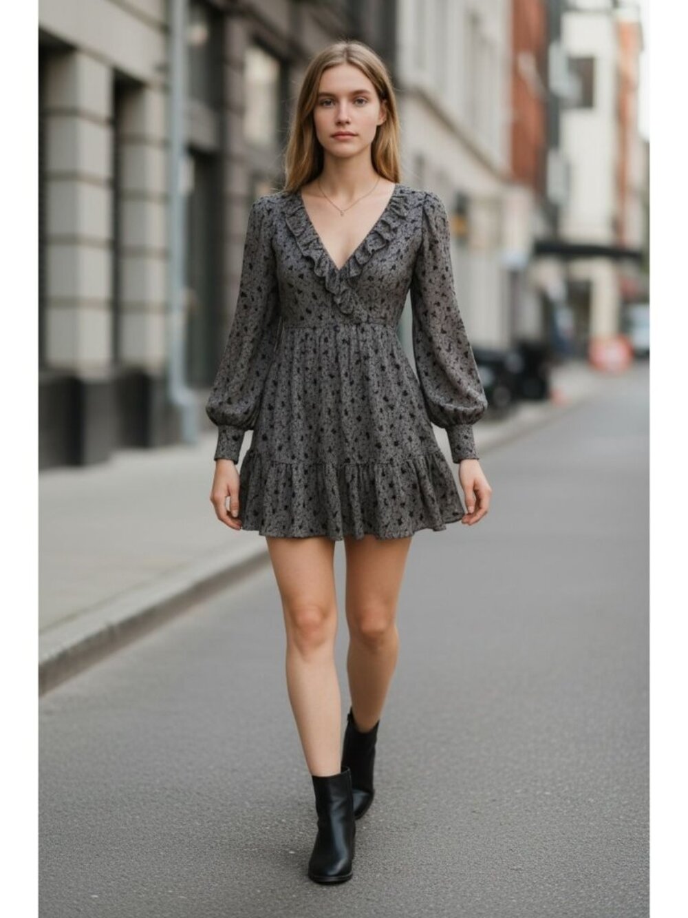 Floral Print Black Long Sleeve Mini Dress With Ruffle Detail & V-Neckline US 6